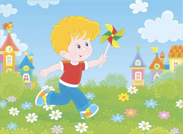 Niño Corriendo Jugando Con Remolino Juguete Entre Flores Sobre Hierba — Vector de stock