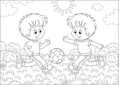 Güneşli bir yaz gününde bir sahada futbol oynayan küçük gülümseyen çocuklar, bir boyama kitabı için bir karikatür tarzısiyah beyaz vektör illüstrasyon