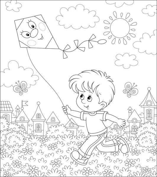 微笑的小男孩在阳光明媚的夏日 在小镇的背景中奔跑和玩一个有趣的玩具风筝 以卡通风格进行黑白矢量插图 — 图库矢量图片