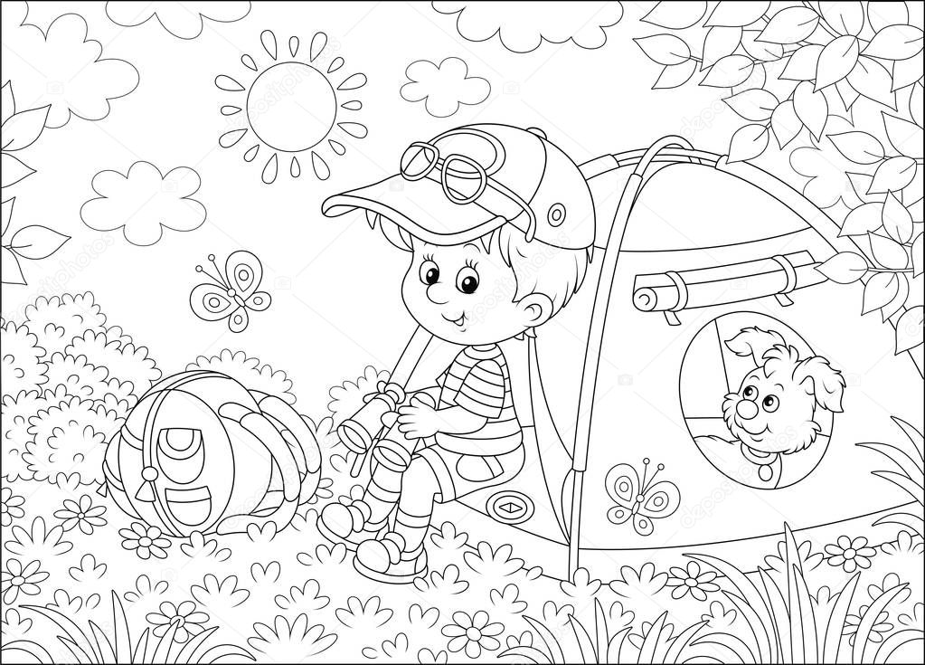 Smiling little boy scout and his funny small pup resting in a color camping tent on a glade of a forest on a sunny summer day, black and white vector illustration in a cartoon style