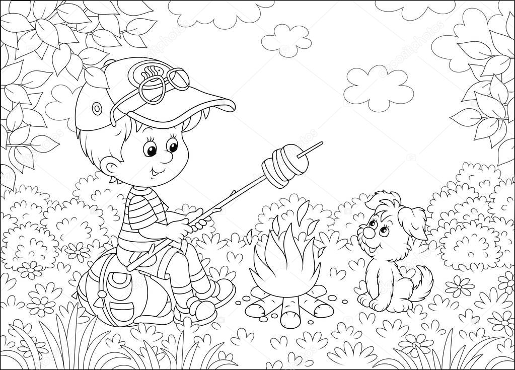 Little boy scout roasting bread on campfire on a glade of a forest on a sunny summer day, black and white vector illustration in a cartoon style for a coloring book