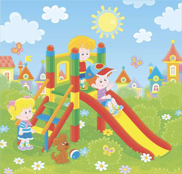 Małe Dzieci Bawią Się Zjeżdżalnię Placu Zabaw Zielonym Parku Małego — Wektor stockowy
