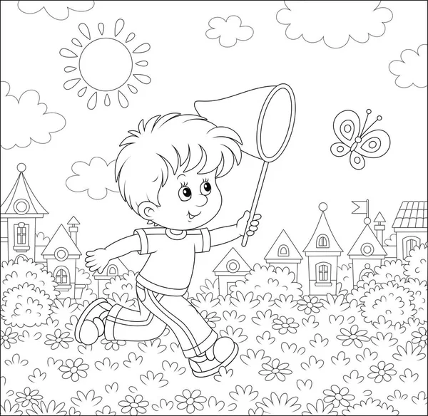小男孩在阳光明媚的夏日里奔跑着 在花丛中捉弄着一只飞蝴蝶 在卡通风格的黑白矢量插图中 为着色书画上一只蝴蝶 — 图库矢量图片