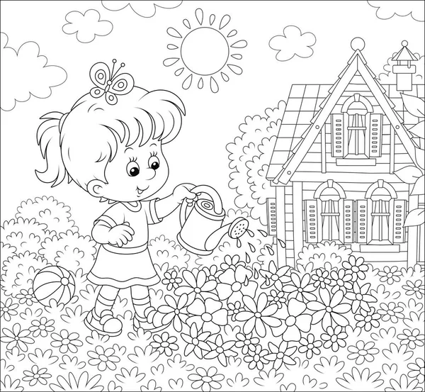 Niña Sonriente Regando Flores Parterre Césped Frente Casa Día Soleado — Vector de stock