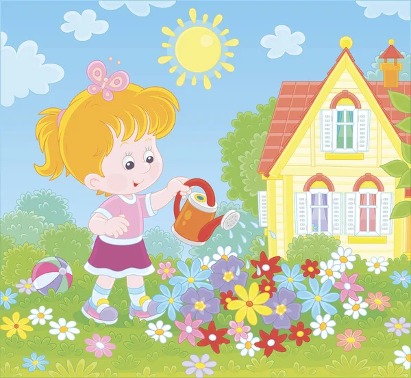 晴れた夏の日に彼女の家の前の緑の芝生の上に花壇にカラフルな花を水やり小さな女の子 漫画のスタイルでベクトルイラスト — ストックベクタ