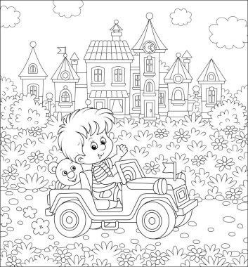 Küçük çocuk bir yaz günü şehir dışında bir yolda yol kapalı bir oyuncak sürüş, bir boyama kitabı için karikatür tarzında siyah ve beyaz vektör illüstrasyon