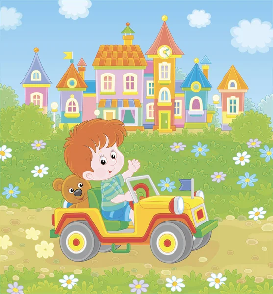Mały Chłopiec Jazdy Zabawki Drogowego Samochodu Drodze Miasta Letni Dzień — Wektor stockowy