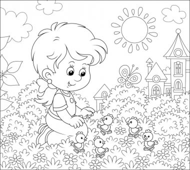 Küçük kız güneşli bir yaz gününde bir çim çim üzerinde çiçekler arasında küçük komik civciv ile oynarken, bir boyama kitabı için bir karikatür tarzı siyah ve beyaz vektör illüstrasyon