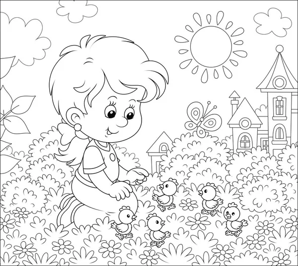 Niña Jugando Con Pequeños Polluelos Divertidos Entre Las Flores Hierba — Vector de stock