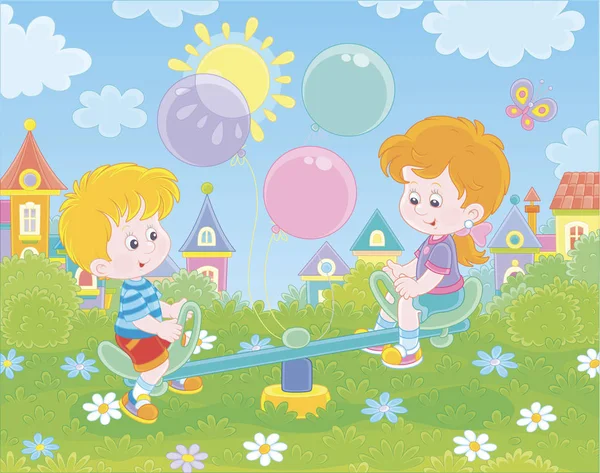 Bambini Piccoli Che Giocano Altalena Giocattolo Parco Giochi Parco Verde — Vettoriale Stock