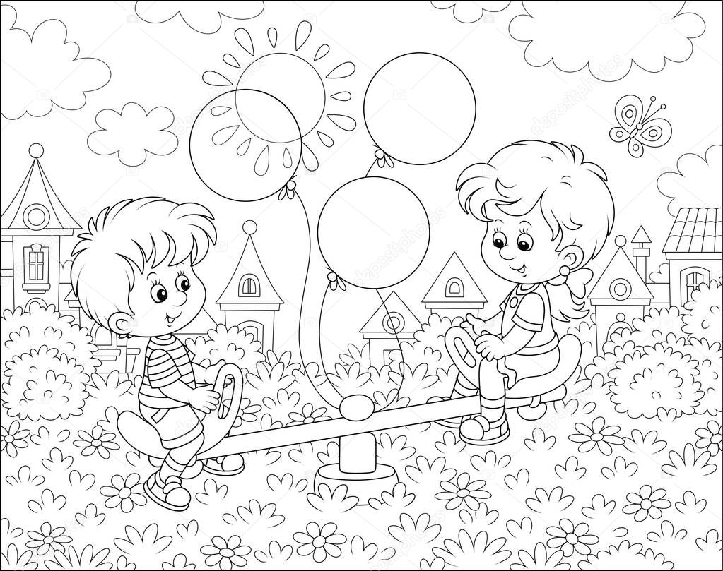 Little children playing on a toy seesaw on a playground in a park of a small town on a sunny summer day, black and white vector illustration in a cartoon style