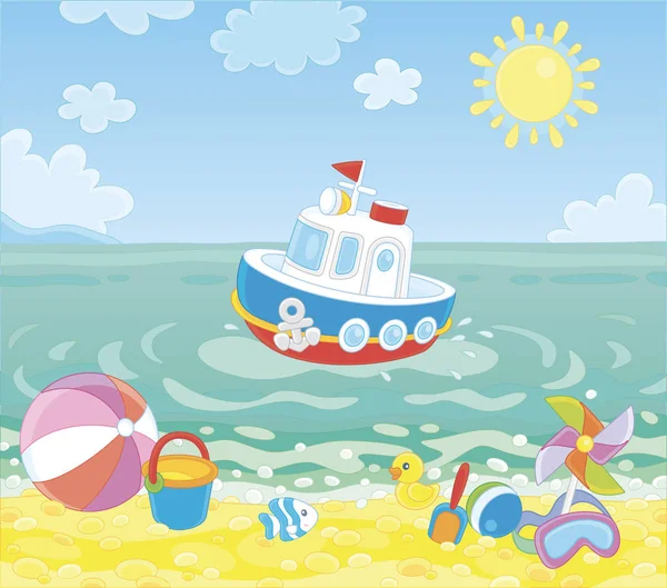 Drôle Bateau Flottant Dans Eau Bleue Autres Jouets Bébé Colorés — Image vectorielle