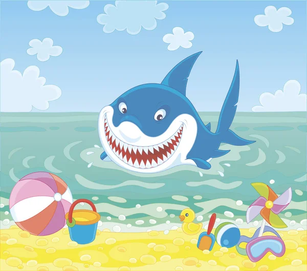 夏の海のビーチで青い水で泳ぐ面白い偉大な白いサメとフレンドリーな笑顔 漫画スタイルでベクトルイラスト — ストックベクタ