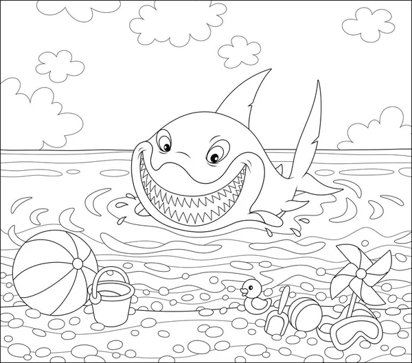 Забавная Белая Акула Плавает Воде Летнем Морском Пляже Дружелюбно Улыбается — стоковый вектор