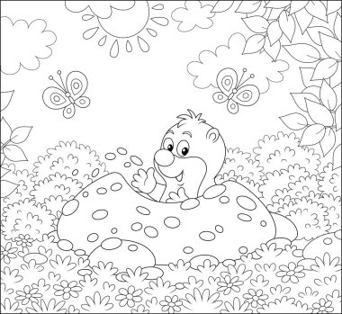 Komik küçük köstebek güneşli bir yaz gününde bir bahçede küçük yuva kazma, bir boyama kitabı için bir karikatür tarzısiyah ve beyaz vektör illüstrasyon