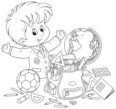 Kurallar, ders kitapları, egzersiz kitapları, kalemler, kalemler, bir futbol, bir dünya ve bir okul çantası, karikatür tarzında siyah beyaz vektör illüstrasyon ile gülümseyen küçük okul çocuğu