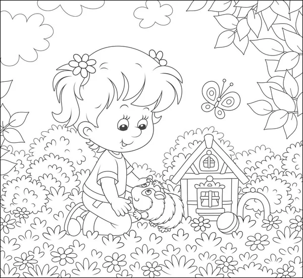 Niña Sonriente Jugando Con Pequeña Mascota Cavy Entre Flores Hierba — Vector de stock