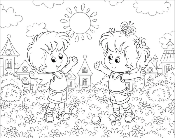 Smiling little children doing morning exercises in a park of a town on a sunny summer day, black and white vector illustration in a cartoon style for a coloring book — Stock Illustration Smiling Little Children Doing Morning Exercises Park Town Sunny Summer Stock Illustration