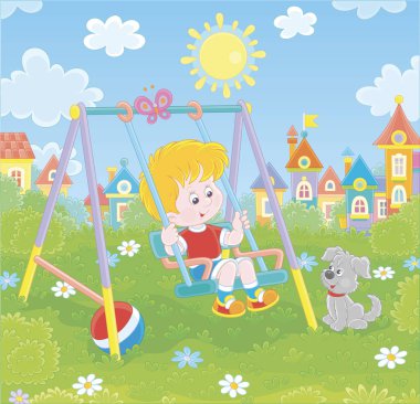 Güneşli bir yaz gününde bir kasabanın bir parkta bir oyun üzerinde bir oyuncak Swing üzerinde gülümseyen küçük çocuk, bir karikatür tarzında vektör illüstrasyon
