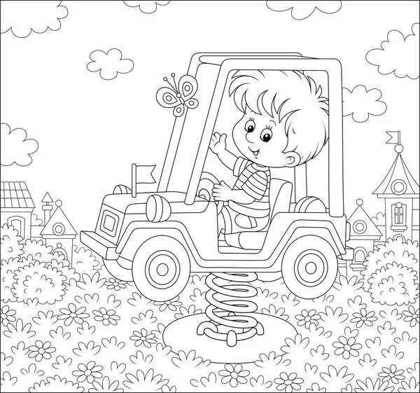 Muchacho Sonriente Columpio Coche Juguete Parque Infantil Parque Verano Una — Vector de stock