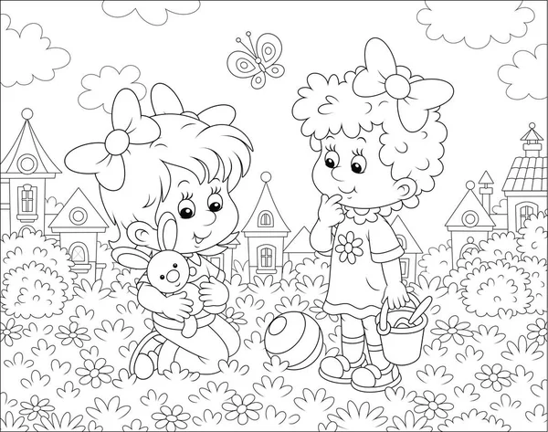 Lindas Niñas Jugando Con Pequeño Conejo Juguete Entre Flores Hierba — Vector de stock