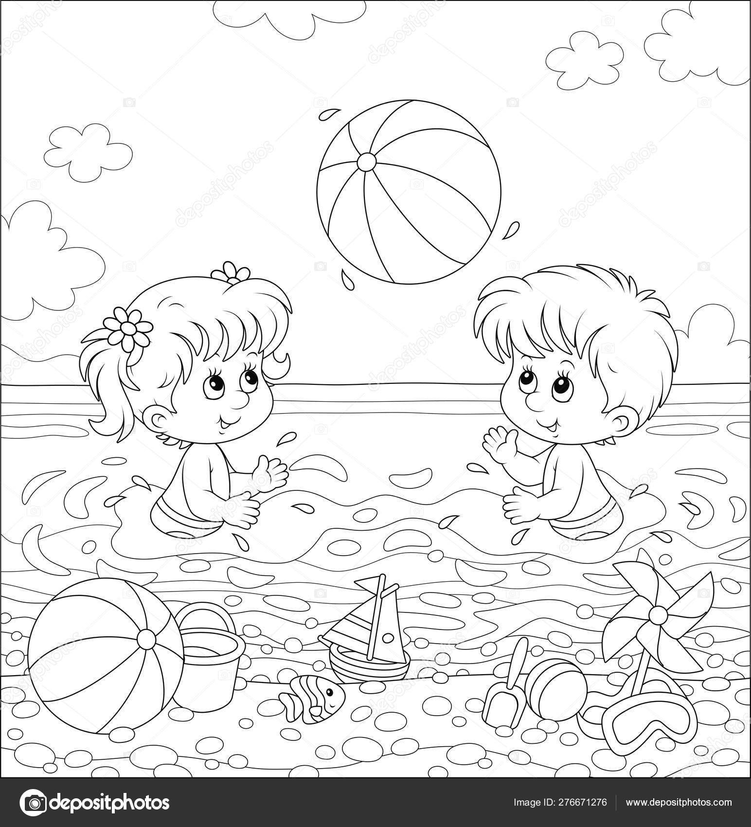 晴れた夏の日に海のビーチで水の中で大きなボールを遊ぶ幸せな小さな子供たち 塗り絵のための漫画のスタイルで黒と白のベクトルイラスト ストックベクター  ©AlexBannykh 276671276, image size:1544x1700