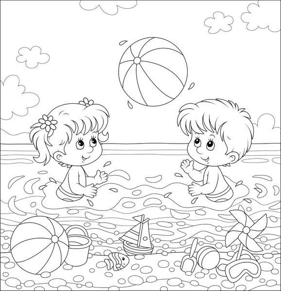 Happy Little Kids Playing Big Ball Water Sea Beach Sunny — Stock Vector