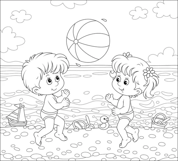 Lyckliga Små Barn Som Spelar Stor Boll Nära Vatten Havsstrand — Stock vektor