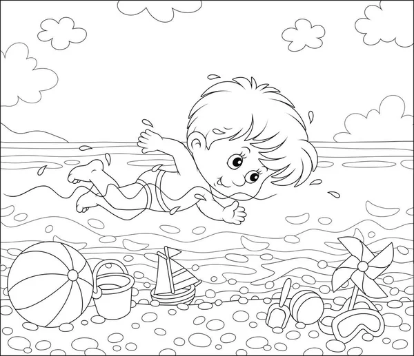 Niño Nadando Agua Mar Una Playa Día Soleado Verano Ilustración — Vector de stock