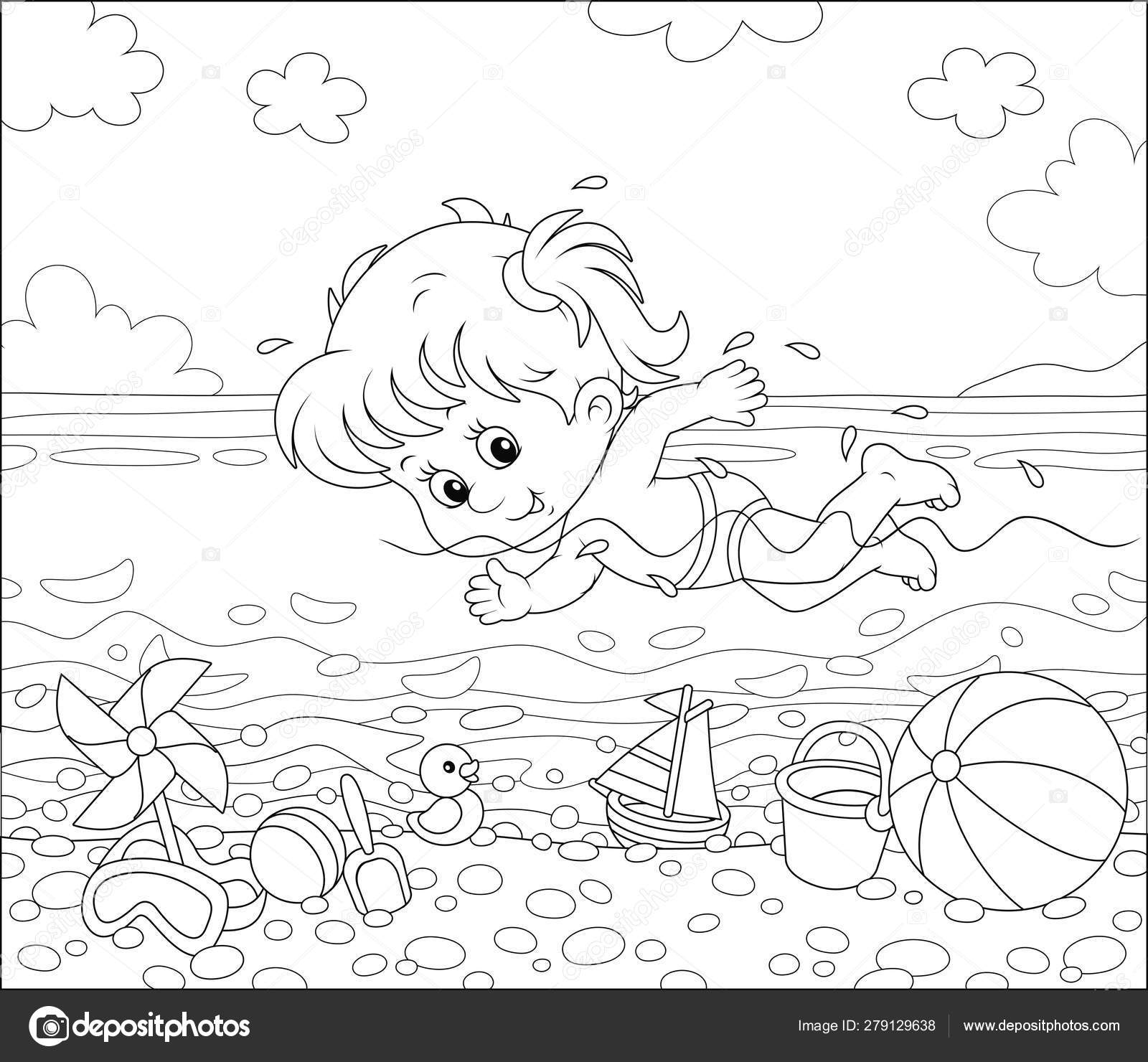 Little Girl Swimming Sea Water Beach Sunny Summer Day Black Stock Vector  Image by ©AlexBannykh #279129638