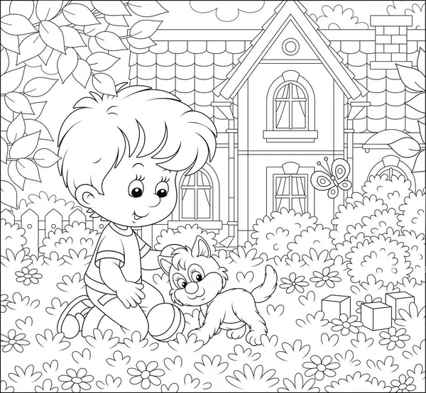 Niño Jugando Con Lindo Gatito Entre Flores Césped Frente Casa — Vector de stock