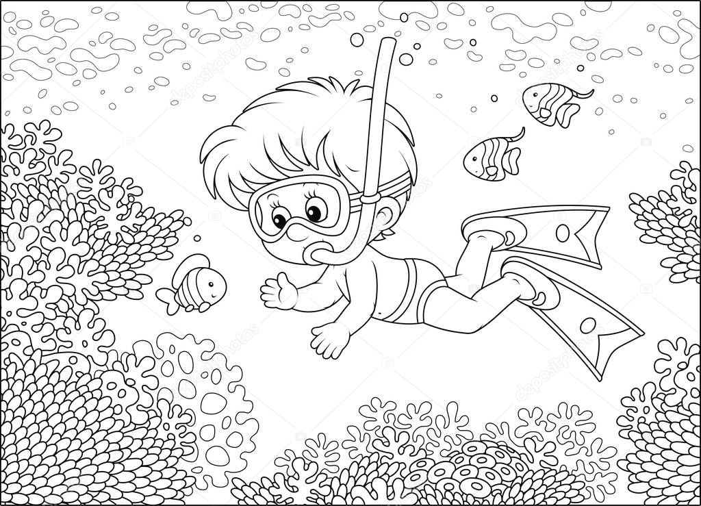 Little boy diving with a mask and a snorkel among funny striped fishes on a coral reef in a tropical sea, black and white outline vector illustration in a cartoon style for a coloring book