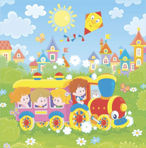 在阳光明媚的一天 在小镇夏季公园的操场上 快乐的小孩子在五颜六色的玩具火车上玩耍 卡通风格的矢量插图 — 图库矢量图片