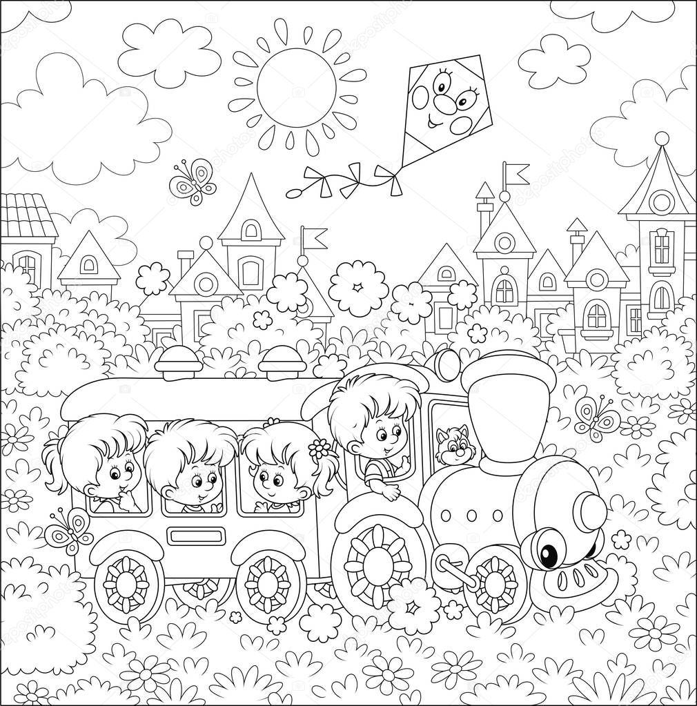 Happy little children playing in a funny toy train on a playground in a summer park of a small town on a sunny day, black and white outline vector illustration in a cartoon style for a coloring book
