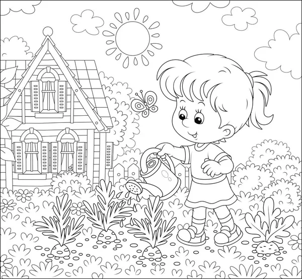 Niña Sonriente Regando Zanahorias Pequeño Jardín Cocina Frente Una Casa — Vector de stock