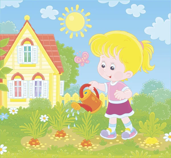 Niña Sonriente Regando Zanahorias Pequeño Jardín Cocina Frente Una Casa — Vector de stock