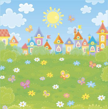 Colorful houses of a small town among green trees, flowers and flittering butterflies on a sunny summer day, vector illustration in a cartoon style clipart