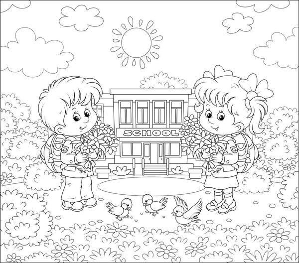 Happy schoolchildren with big bouquets of flowers and schoolbags standing in front of their school on a sunny day on the first of September, black and white vector illustration in a cartoon style