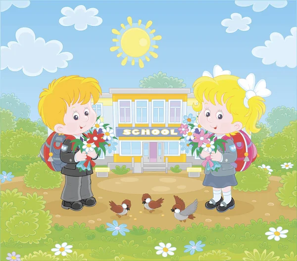 9月1日の晴れた日に学校の前に立つ花やスクールバッグのカラフルな花束を持つ幸せな小学生 漫画風のベクトルイラスト ロイヤリティフリーストックベクター