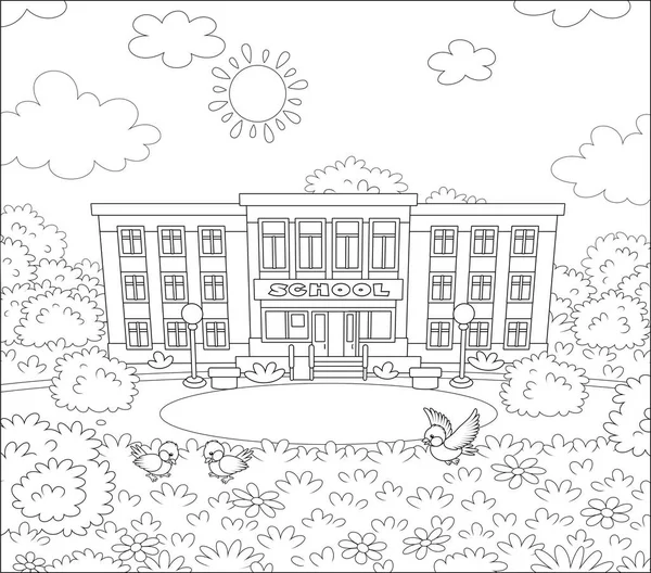 学校建筑 学校院子和麻雀在阳光明媚的一天草坪上 黑白矢量插图在卡通风格的着色书 — 图库矢量图片