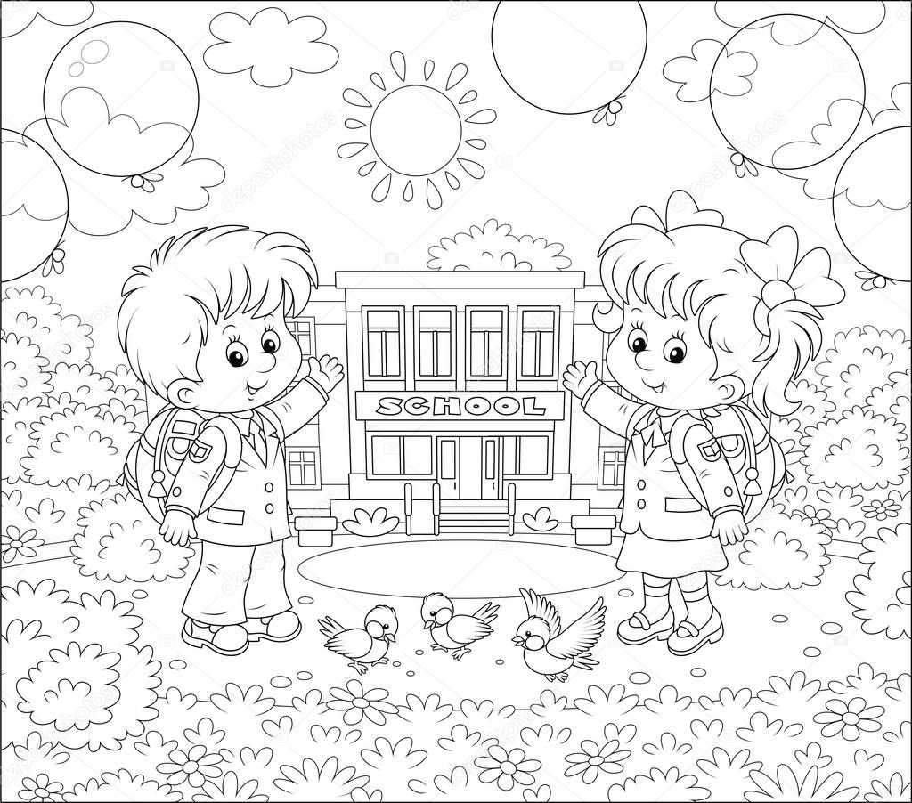 The first of September. Happy schoolchildren with schoolbags and colorful balloons standing in front of their school on a sunny day, black and white vector illustration in a cartoon style