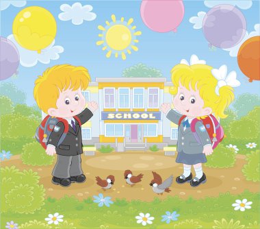 Eylül'ün ilk günü. Güneşli bir günde okullarının önünde duran okul çantaları ve renkli balonlar ile mutlu okul çocukları, bir karikatür tarzıvektör illüstrasyon