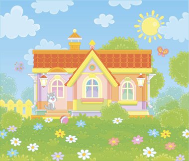 Colorful village house and a cute grey kitten watching funny butterflies flittering among flowers on green grass of a lawn on a sunny summer day, vector illustration in a cartoon style clipart