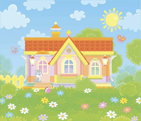 Colorful village house and a cute grey kitten watching funny butterflies flittering among flowers on green grass of a lawn on a sunny summer day, vector illustration in a cartoon style — Stock Illustration Colorful Village House Cute Grey Kitten Watching Funny Butterflies Flittering Royalty Free Stock Illustrations