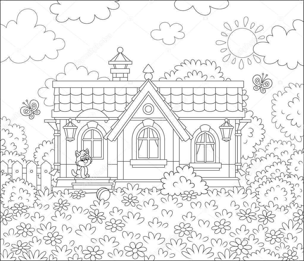 Small village house and a cute little kitten watching funny butterflies flittering among flowers on a lawn on a sunny summer day, black and white vector illustration in a cartoon style for a coloring book