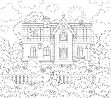 Küçük köy evi ve güneşli bir yaz gününde bir çim üzerinde çiçekler arasında flittering komik kelebekler izlerken sevimli bir küçük yavru, boyama kitabı için bir karikatür tarzı siyah ve beyaz vektör illüstrasyon