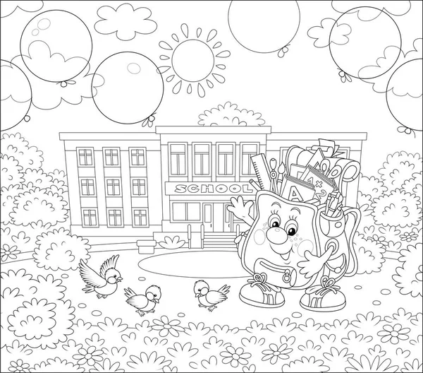 9月1日阳光明媚的日子 快乐的书包卡通人物在学校门前放气球 黑白矢量插图 用于着色书 — 图库矢量图片