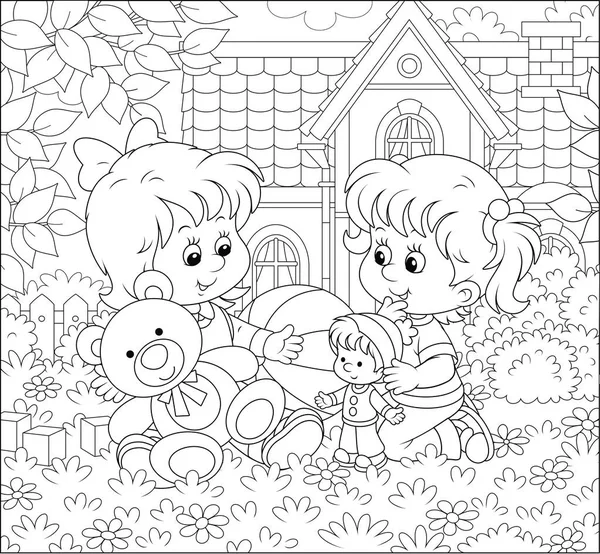 在阳光明媚的夏日 小女孩在房子前草坪上玩花间的玩具 在卡通风格的黑白矢量插图上为着色书 — 图库矢量图片