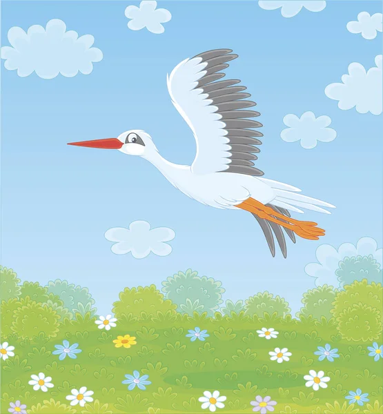 晴れた夏の日にカラフルな花と緑の草原の上を飛ぶ白いコウノトリ 漫画スタイルでベクトルイラスト — ストックベクタ