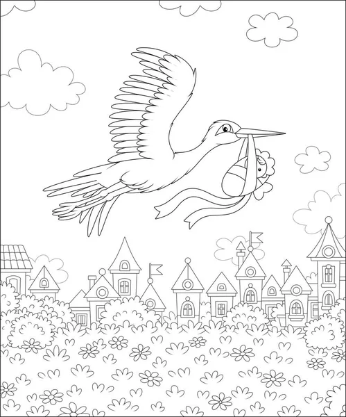 White Stork Flying Carrying Newborn Child Houses Small Town Sunny — Stock Vector